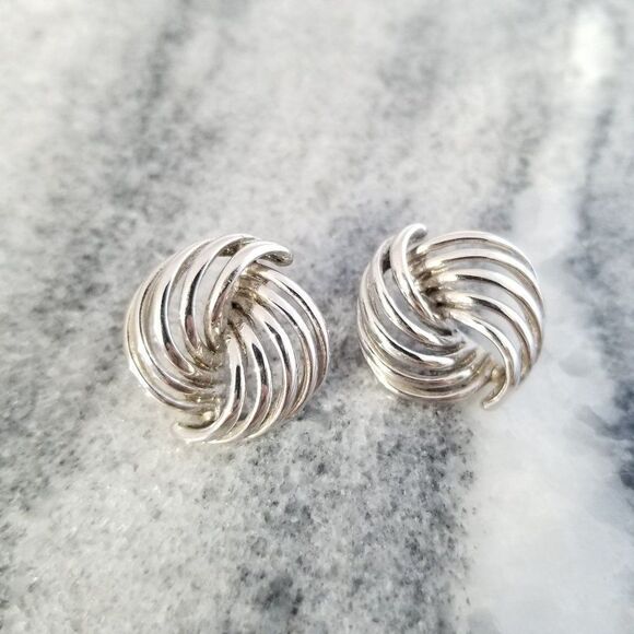 Vintage Silver Tone Knot Style Post Earrings, Retro 80s Design Studs - Picture 5 of 5